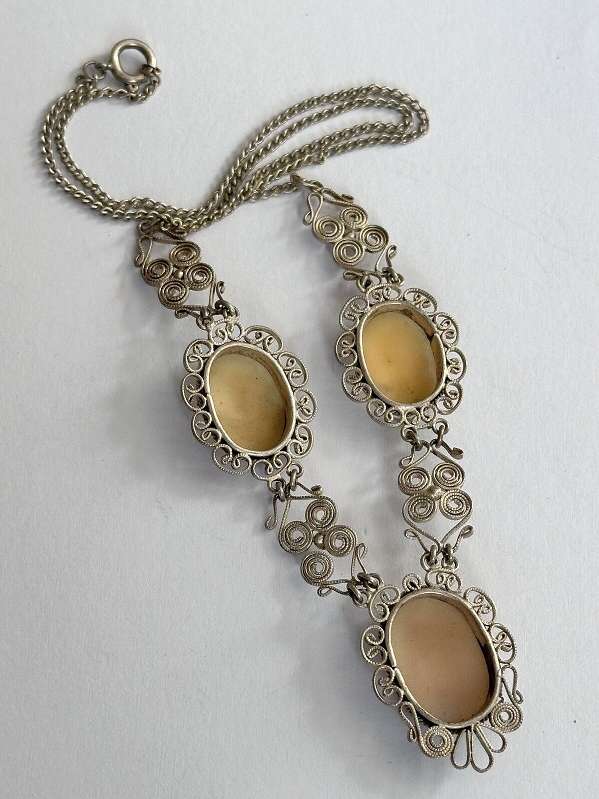 Vintage Silver Filigree Shell Cameo Necklace