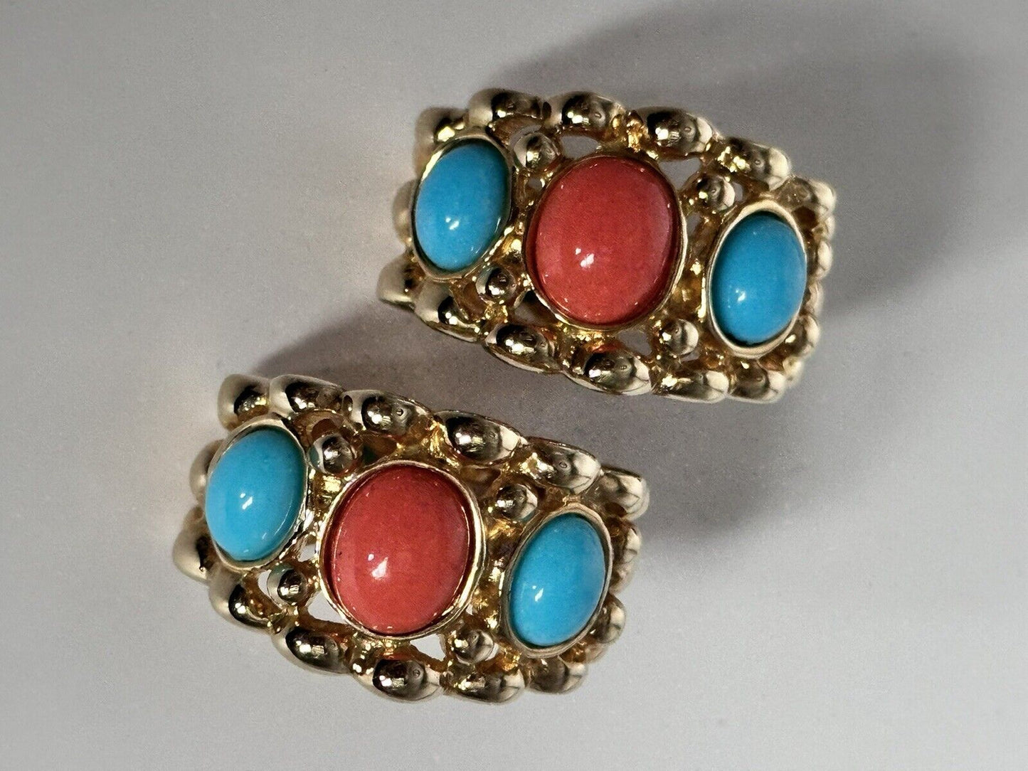 Vintage 1980s Gold Tone Coral Turquoise Coloured Clip On Earrings