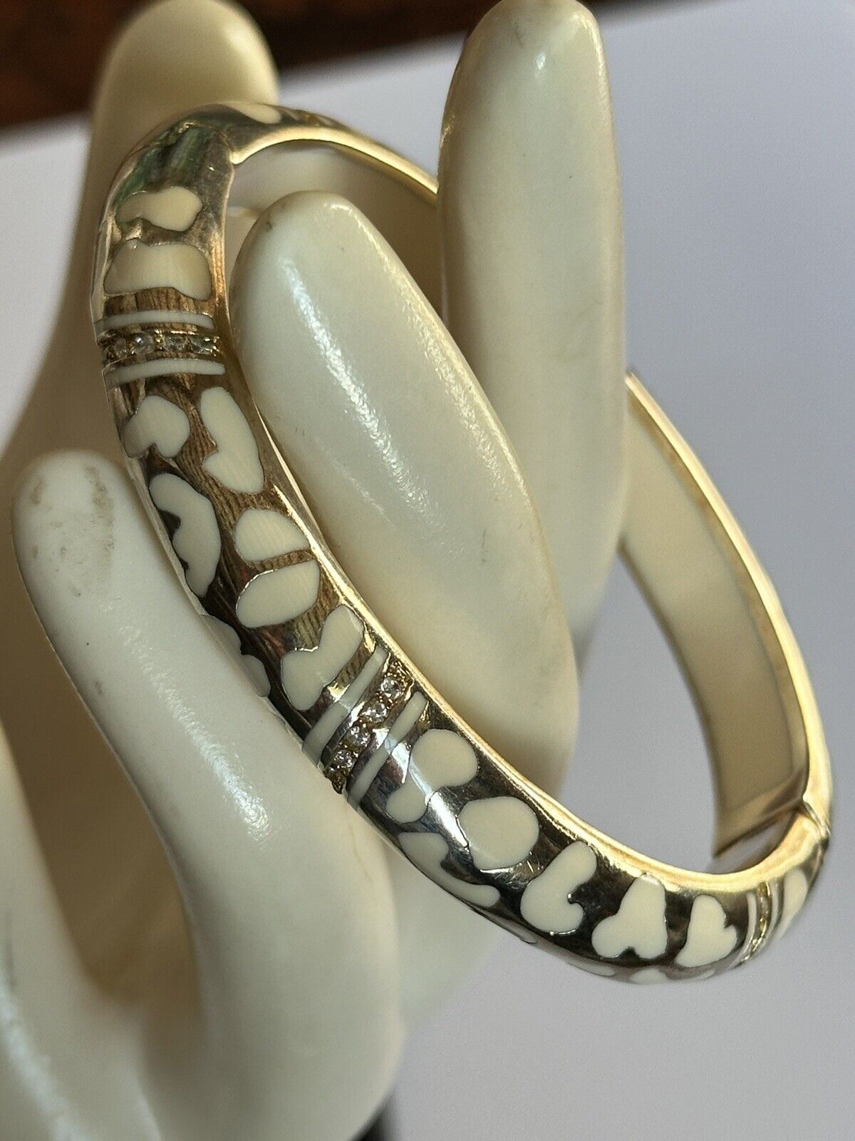Designer Andrew Hamilton Crawford Gold Wash Cream Enamel Diamanté Hinged Bangle