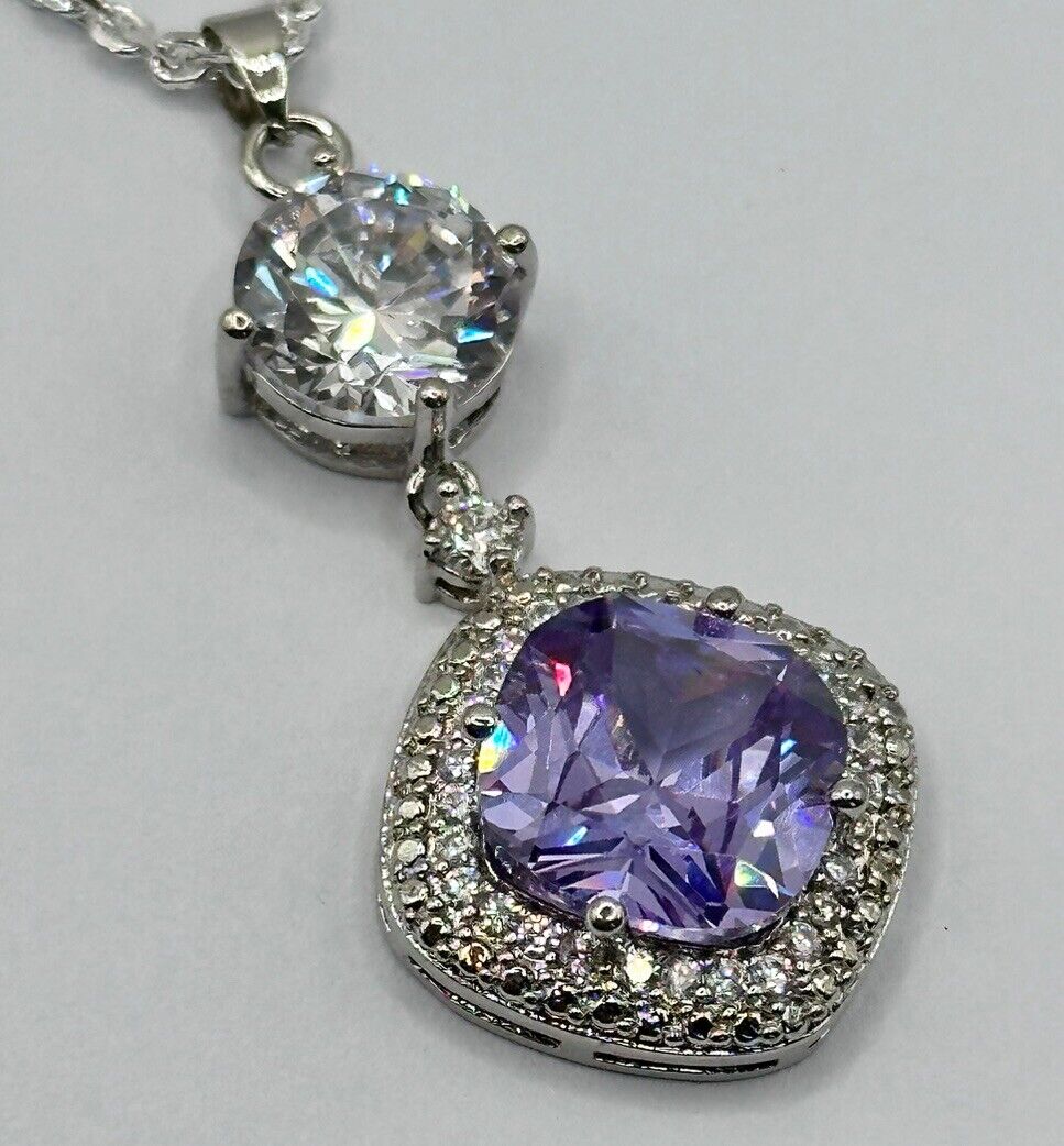 Rhodium Plated Necklace Made With Clear Purple Swarovski Crystals New Old Stock