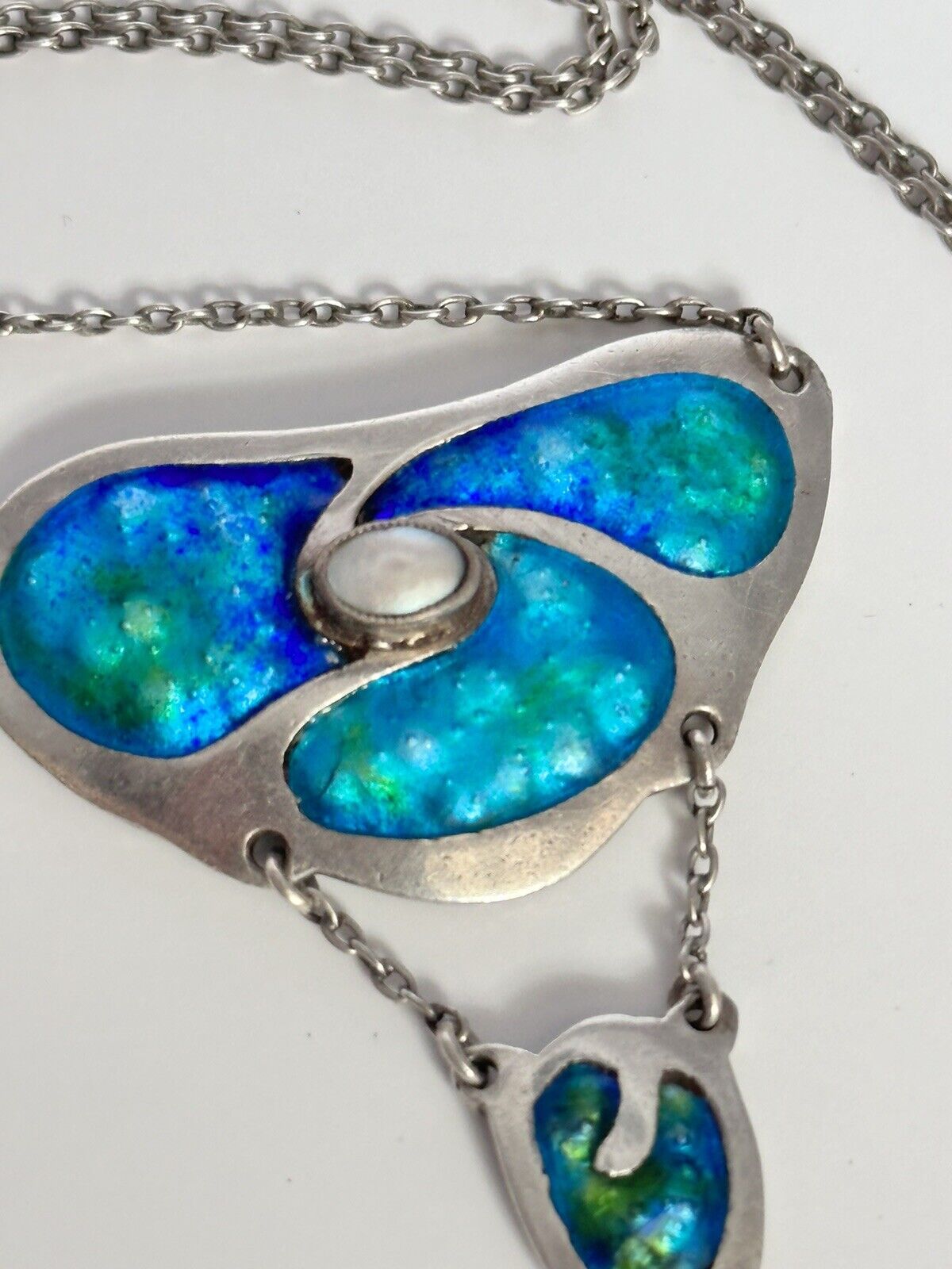 Arts & Crafts Sterling Silver Blue Green Enamel Pearl Lavaliere Necklace