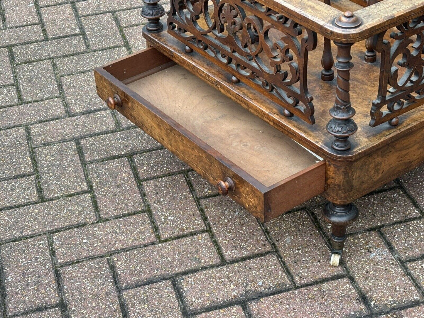 Victorian Walnut Canterbury Magazine Rack With Drawer, White Castors