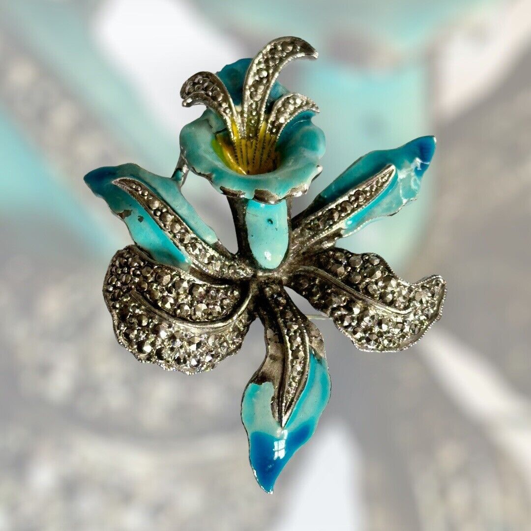 Vintage Turquoise Enamel Marcasite Flower Brooch