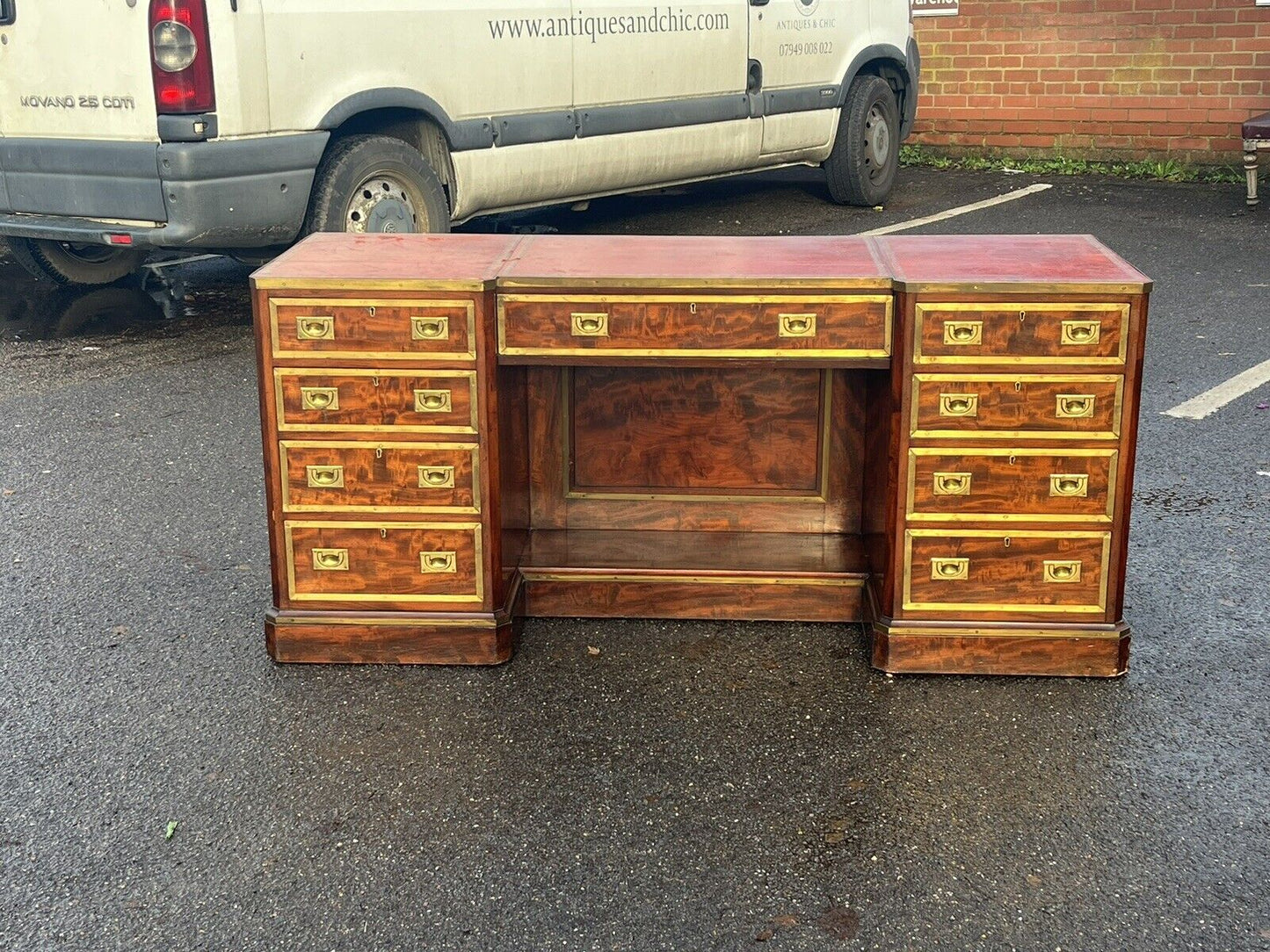 Antique Mahogany And Brass Bound Campaign Desk, Superb Quality.