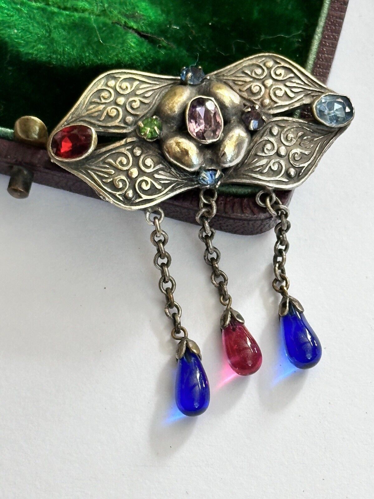 Vintage Antique Metal Czech Glass Multicoloured Brooch