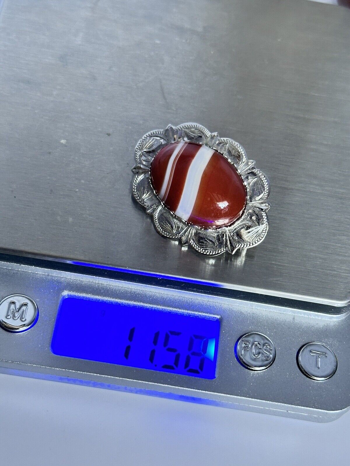 Vintage Silver 925 Red Orange Agate Brooch