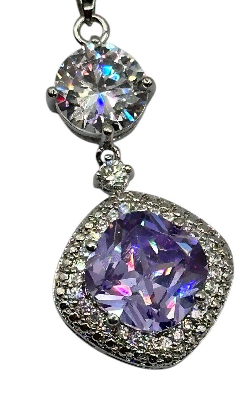 Rhodium Plated Necklace Made With Clear Purple Swarovski Crystals New Old Stock