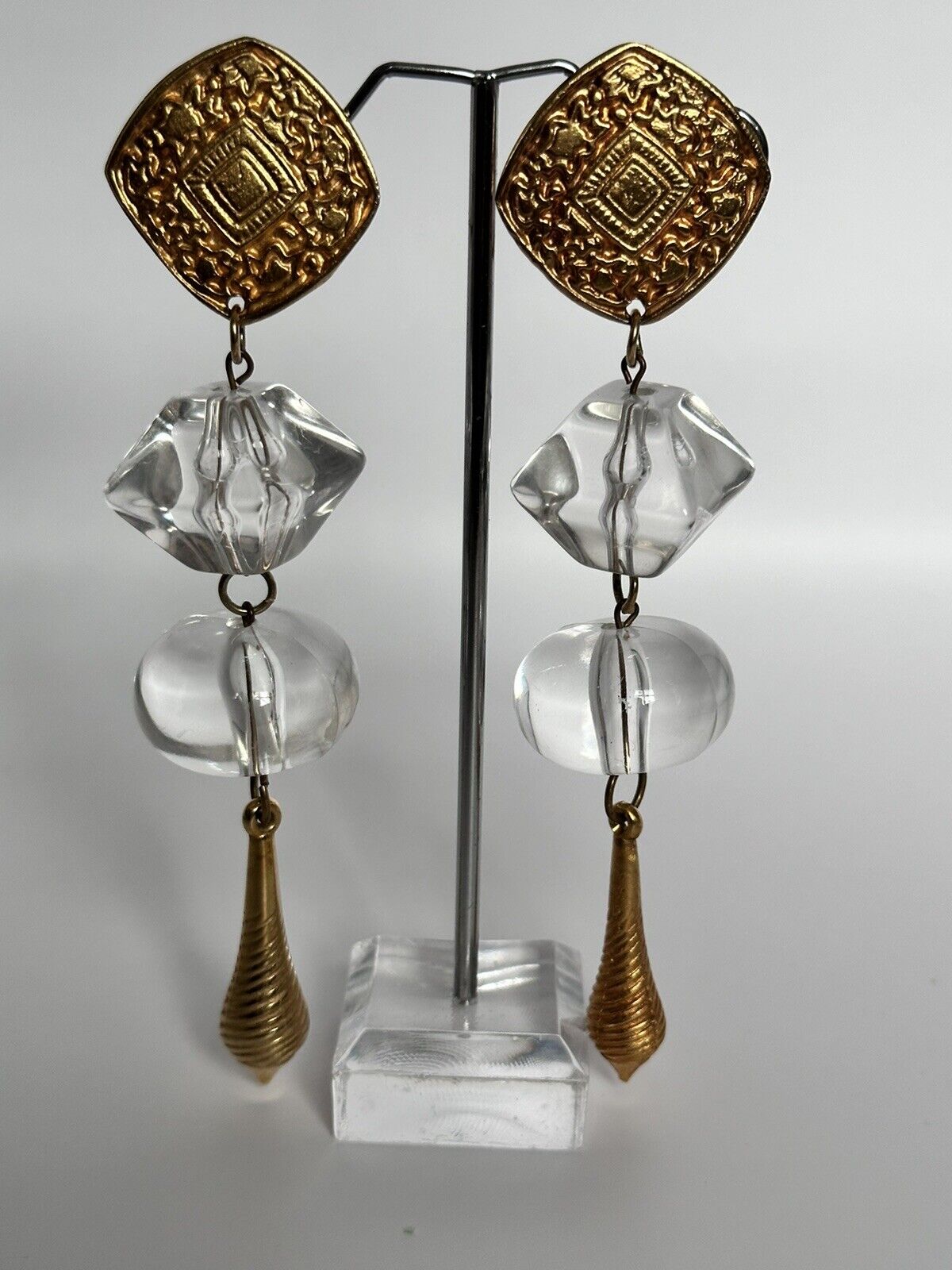 Vintage 1980s Gold Tone Acrylic Long Drop Statement Clip On Earrings