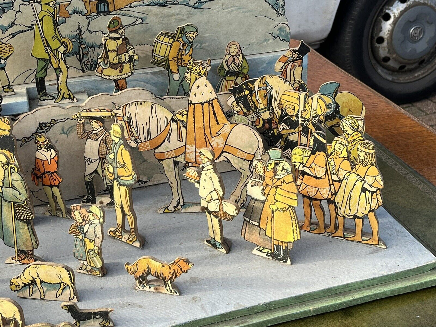 1950's Nativity Set, Wood With Printed Decoration. HUGE IN SIZE.