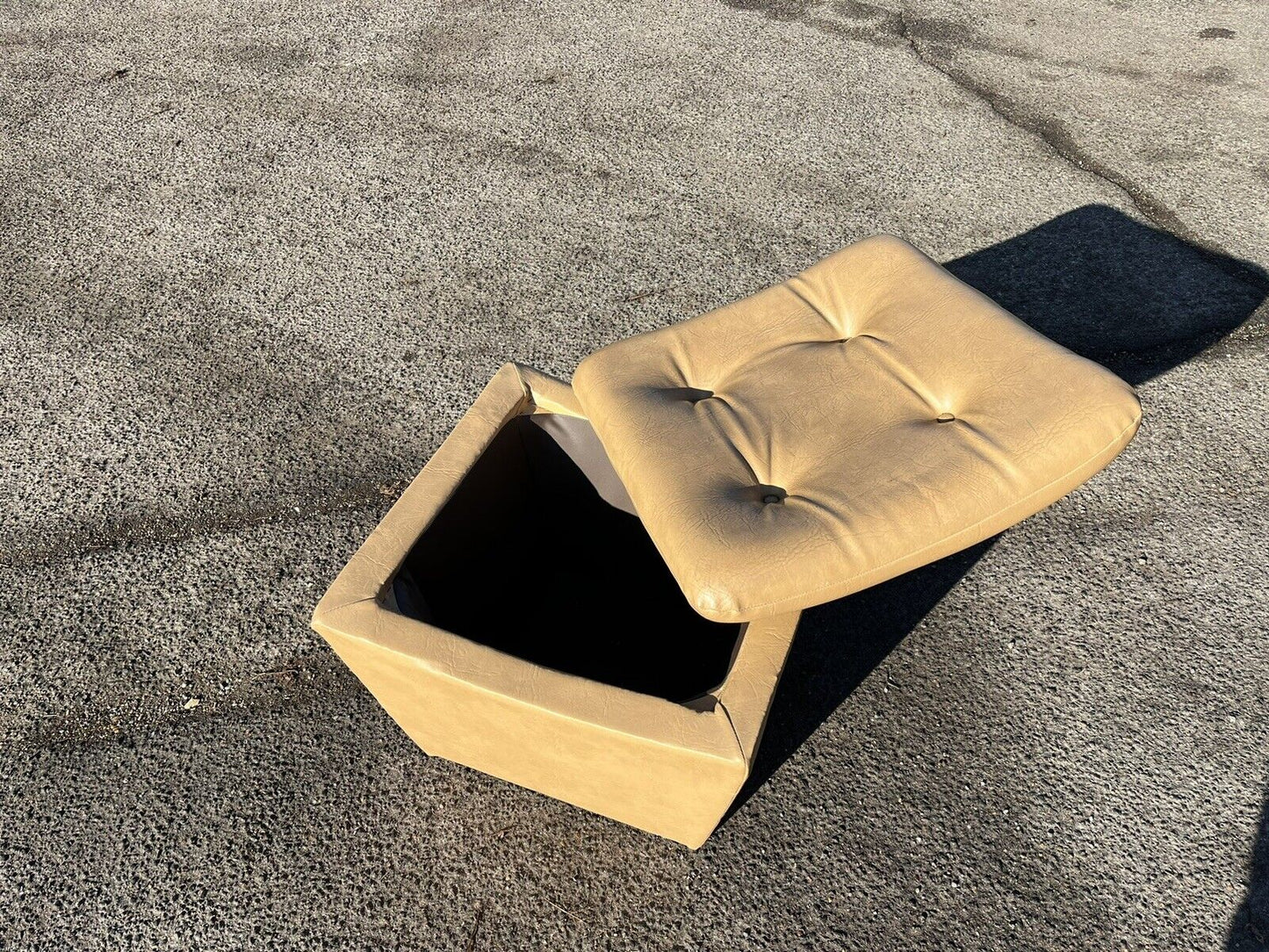 Mid-Century Pouffe / Stool, With Storage, Tan Faux Leather