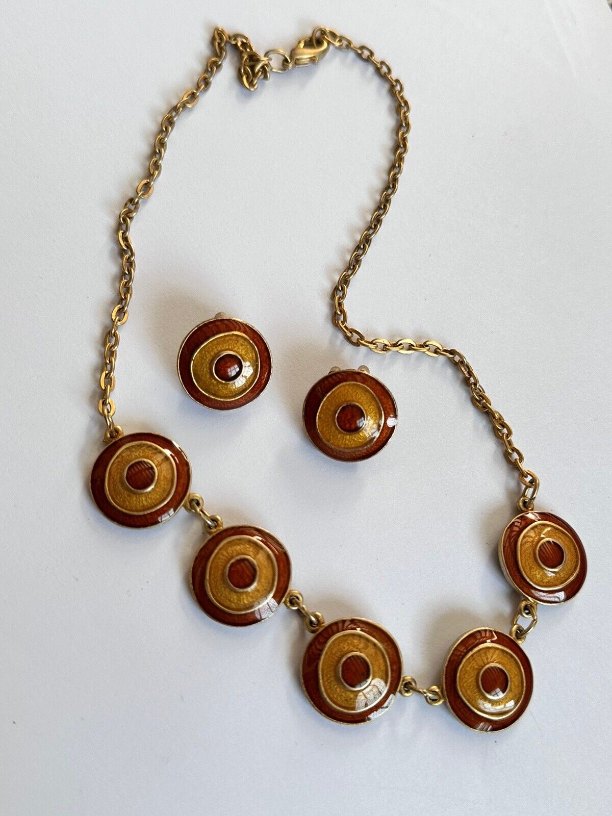 Vintage Enamel Yellow Red Necklace And Earring Set