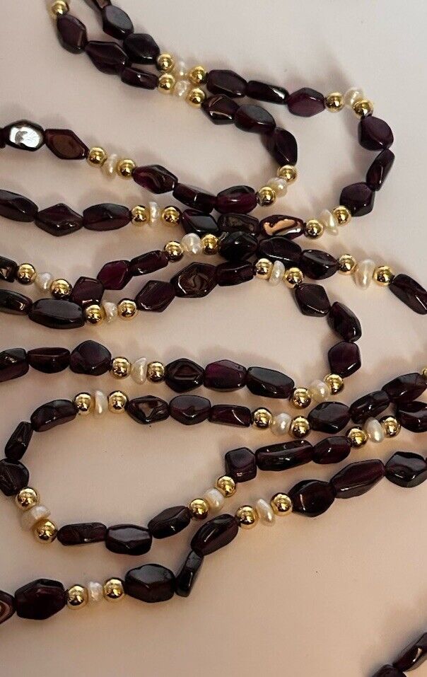 Vintage Garnet Freshwater Pearl Long Length Necklace