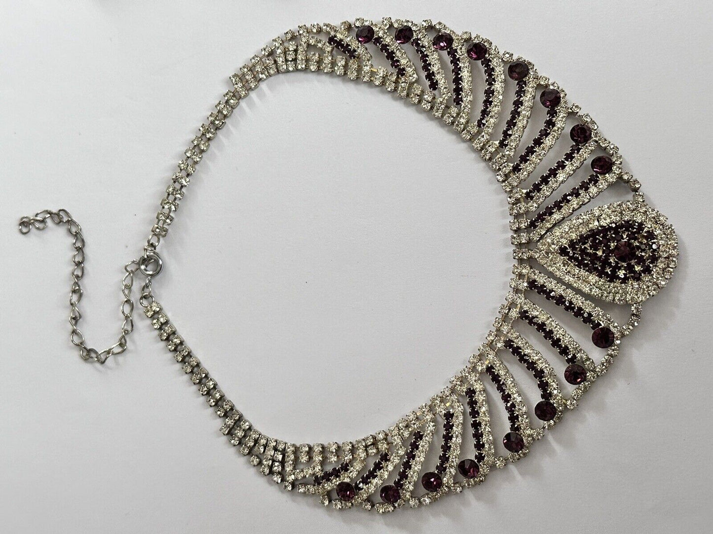 Vintage Silver Tone Clear Purple Diamantés Teardrop Statement Necklace