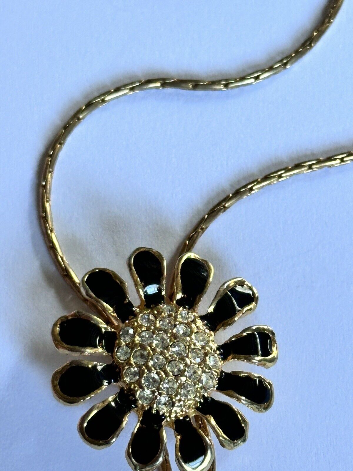 Vintage Gold Tone Adjustable Black Enamel Diamanté Flower Necklace