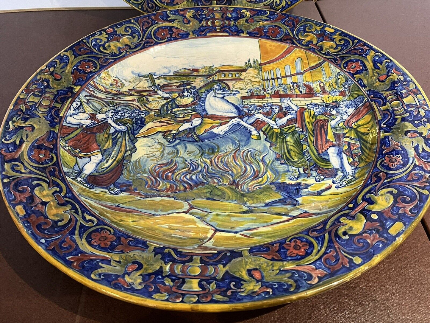 Majolica Roman Centurion Decorated Early 19th Century Huge Wall Chargers