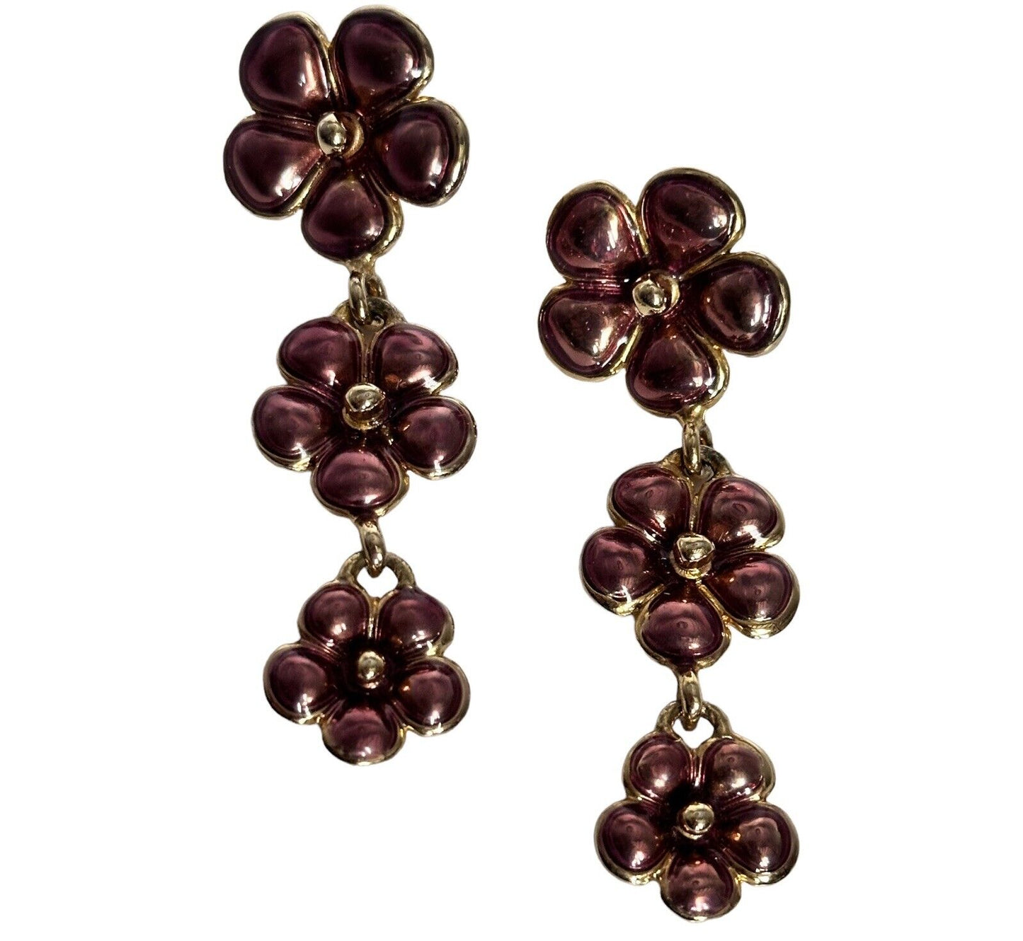 Vintage Gold Tone Enamel Flowers Drop Earrings