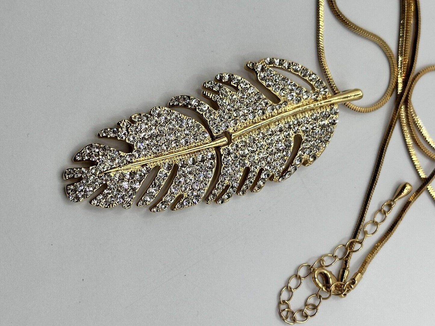 Vintage Gold Tone Diamanté Feather Pendant Necklace