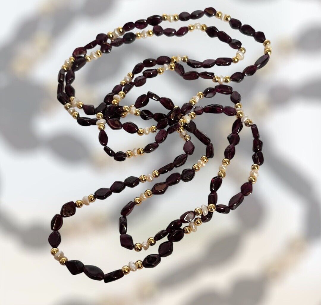 Vintage Garnet Freshwater Pearl Long Length Necklace