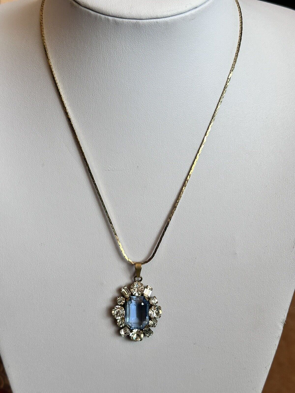 Vintage Blue Clear Paste Necklace Gold Plated Chain