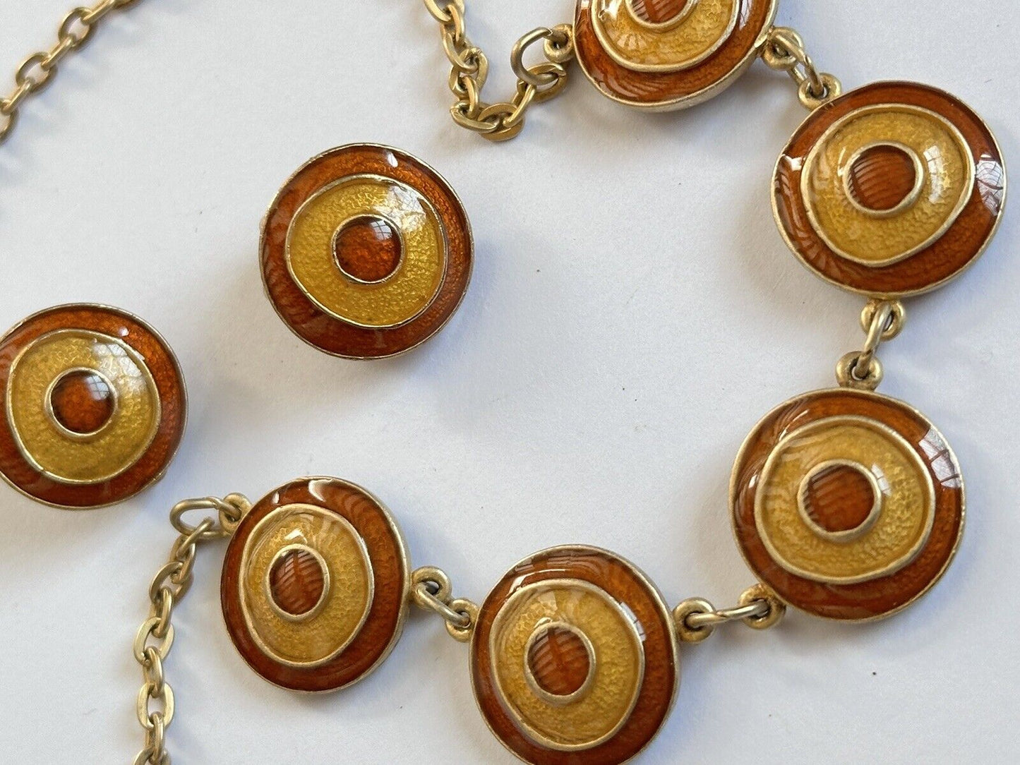 Vintage Enamel Yellow Red Necklace And Earring Set