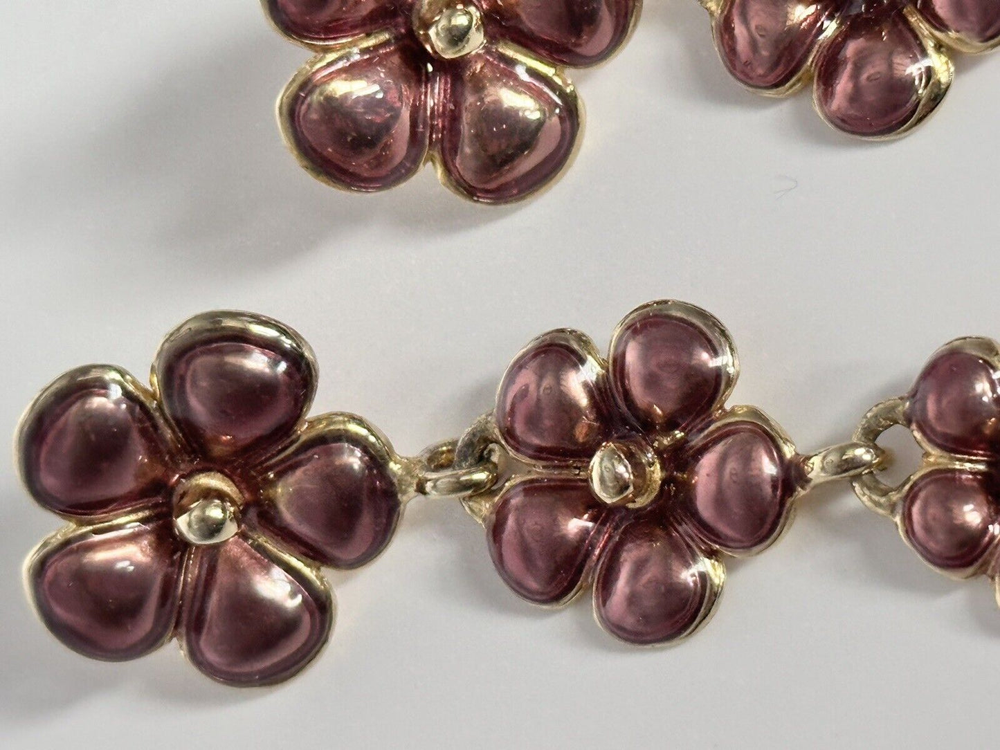 Vintage Gold Tone Enamel Flowers Drop Earrings