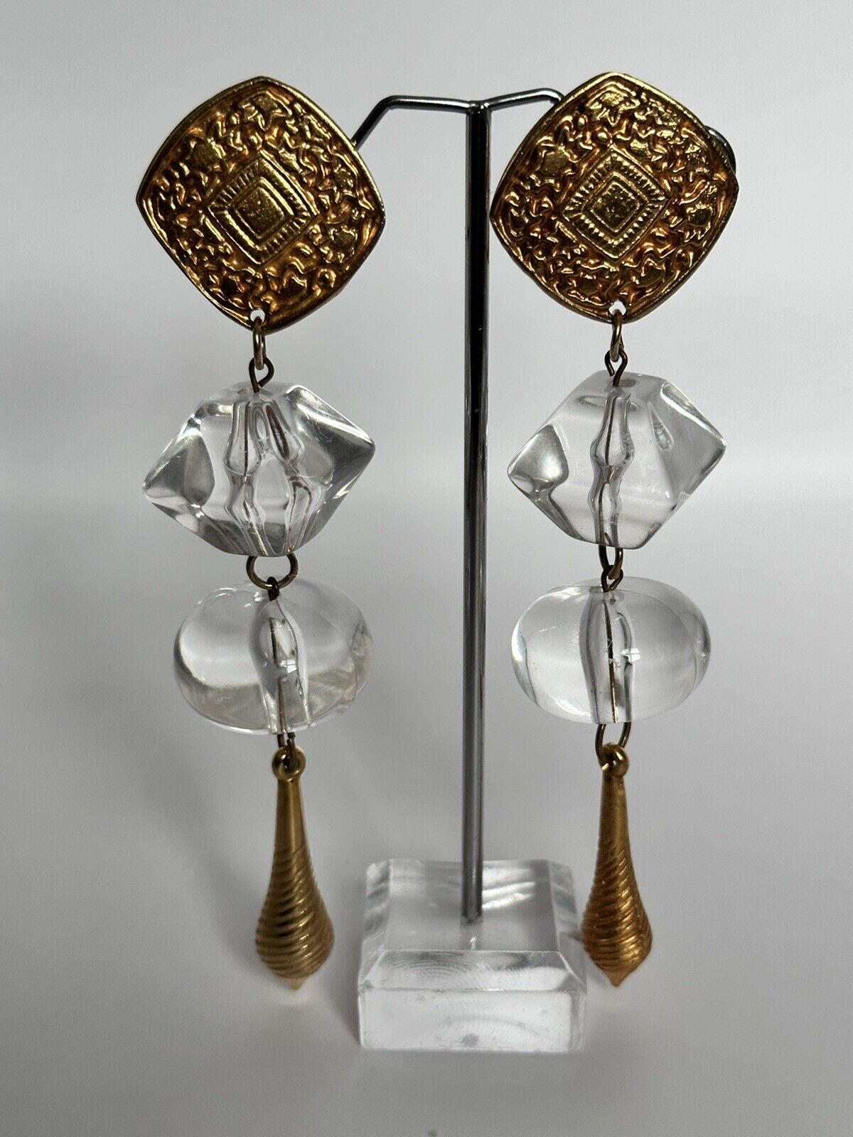 Vintage 1980s Gold Tone Acrylic Long Drop Statement Clip On Earrings