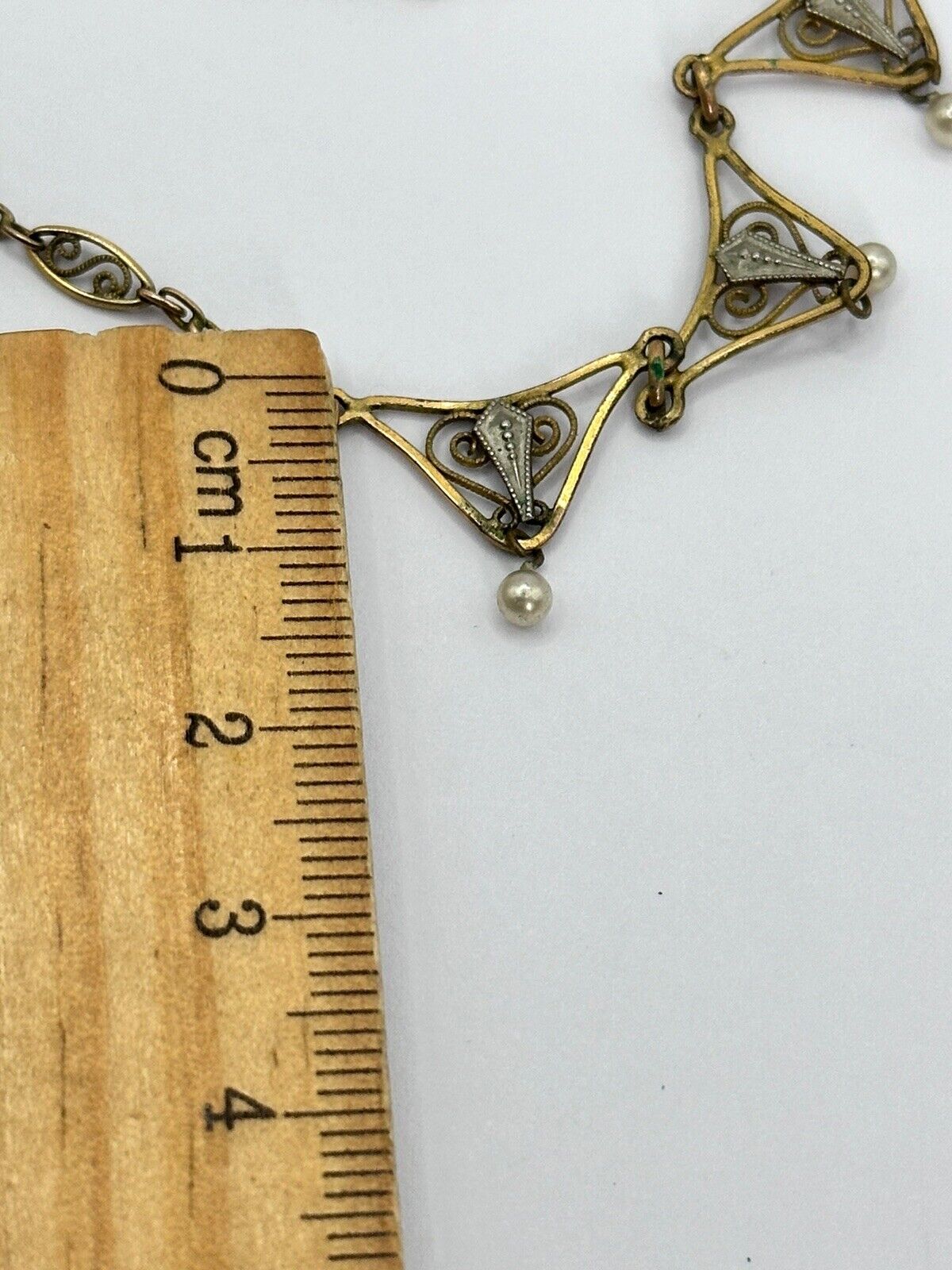Vintage Gold Silver Tone Cut Out Faux Pearl Drop Necklace