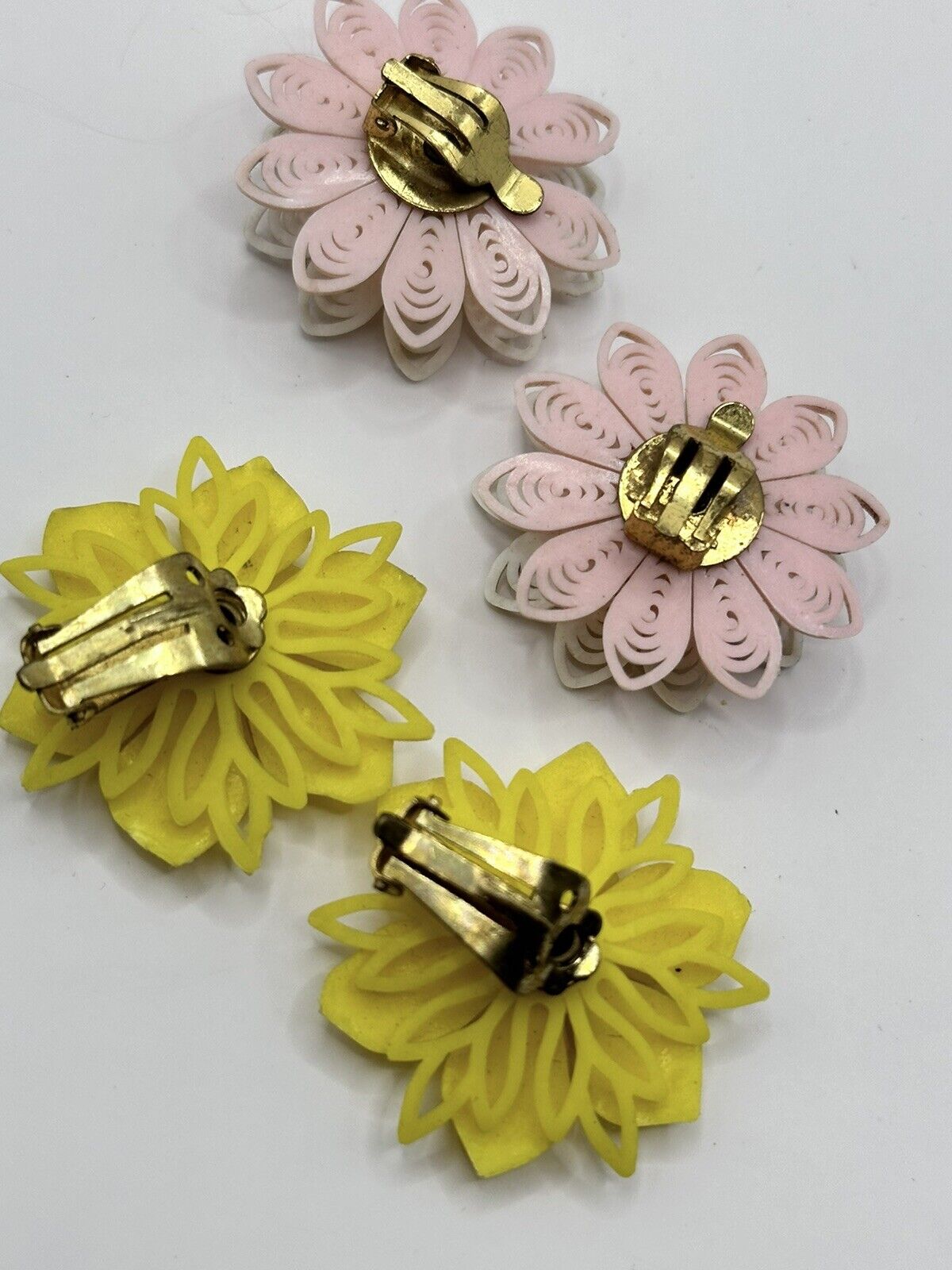 Vintage 1950s Plastic Flower Pink Yellow Clip On Earrings Set Of 2