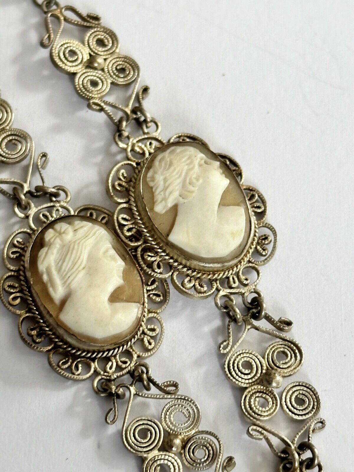 Vintage Silver Filigree Shell Cameo Necklace