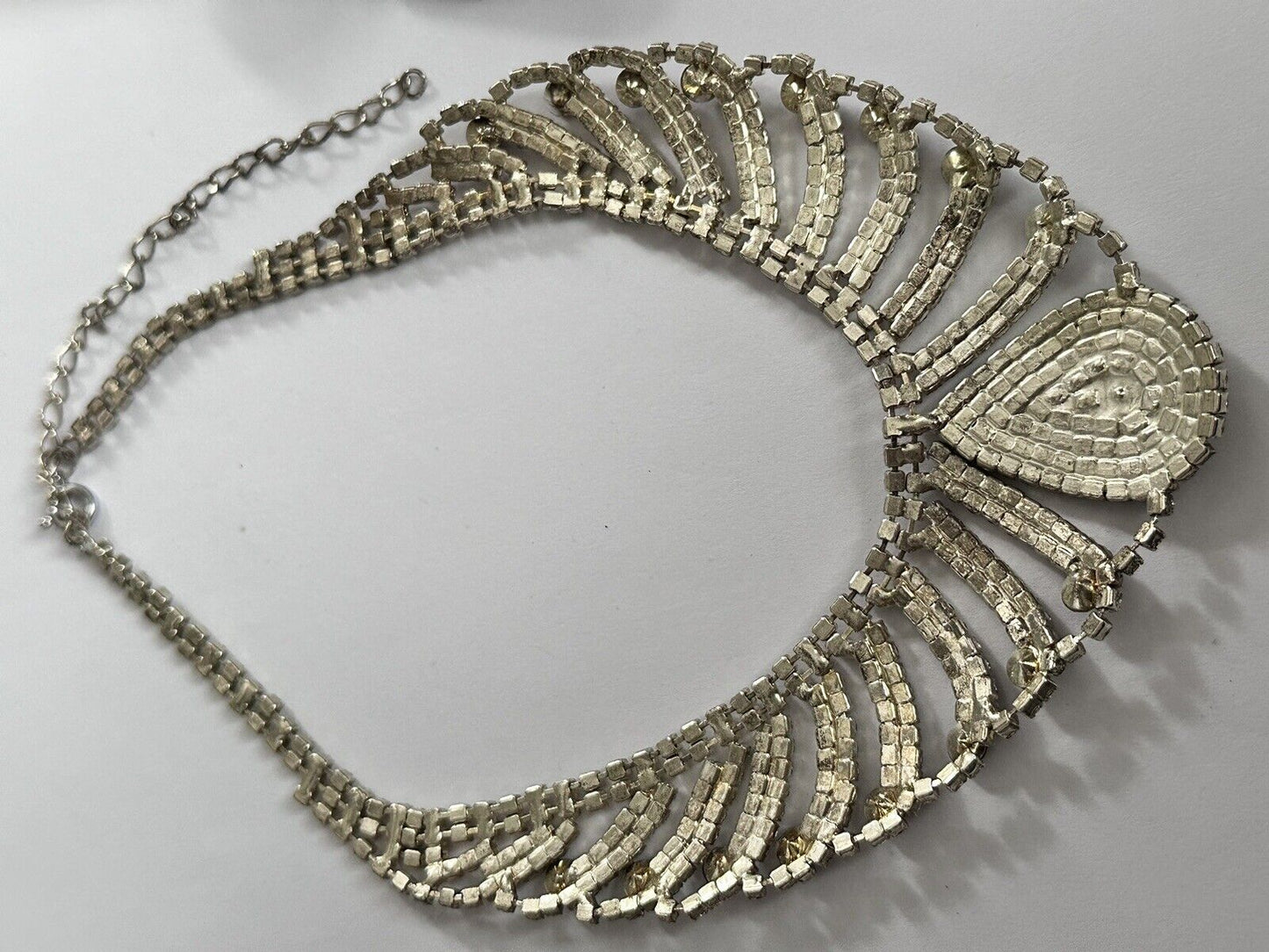 Vintage Silver Tone Clear Purple Diamantés Teardrop Statement Necklace