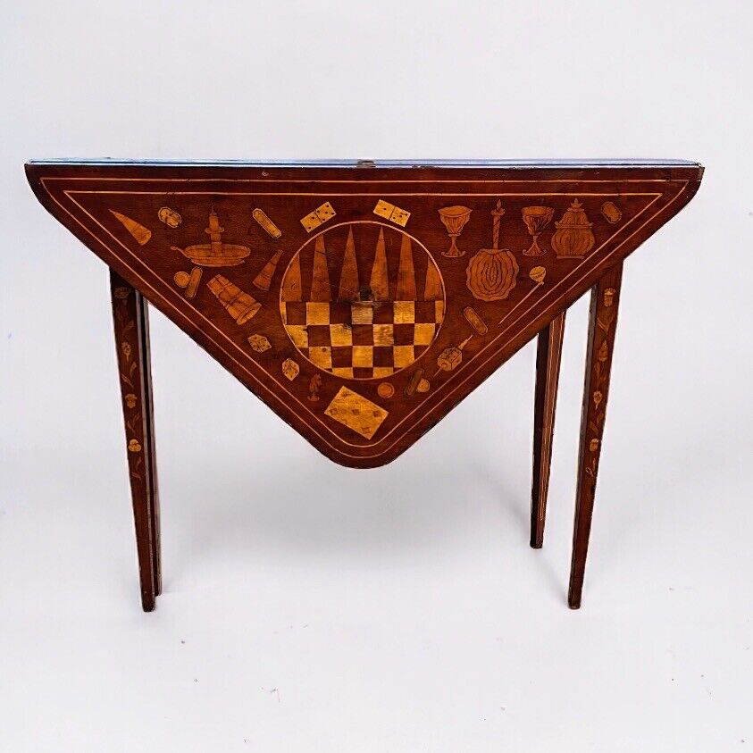 Antique Dutch Marquetry Games Table With Fold Over Lid And Card playing area