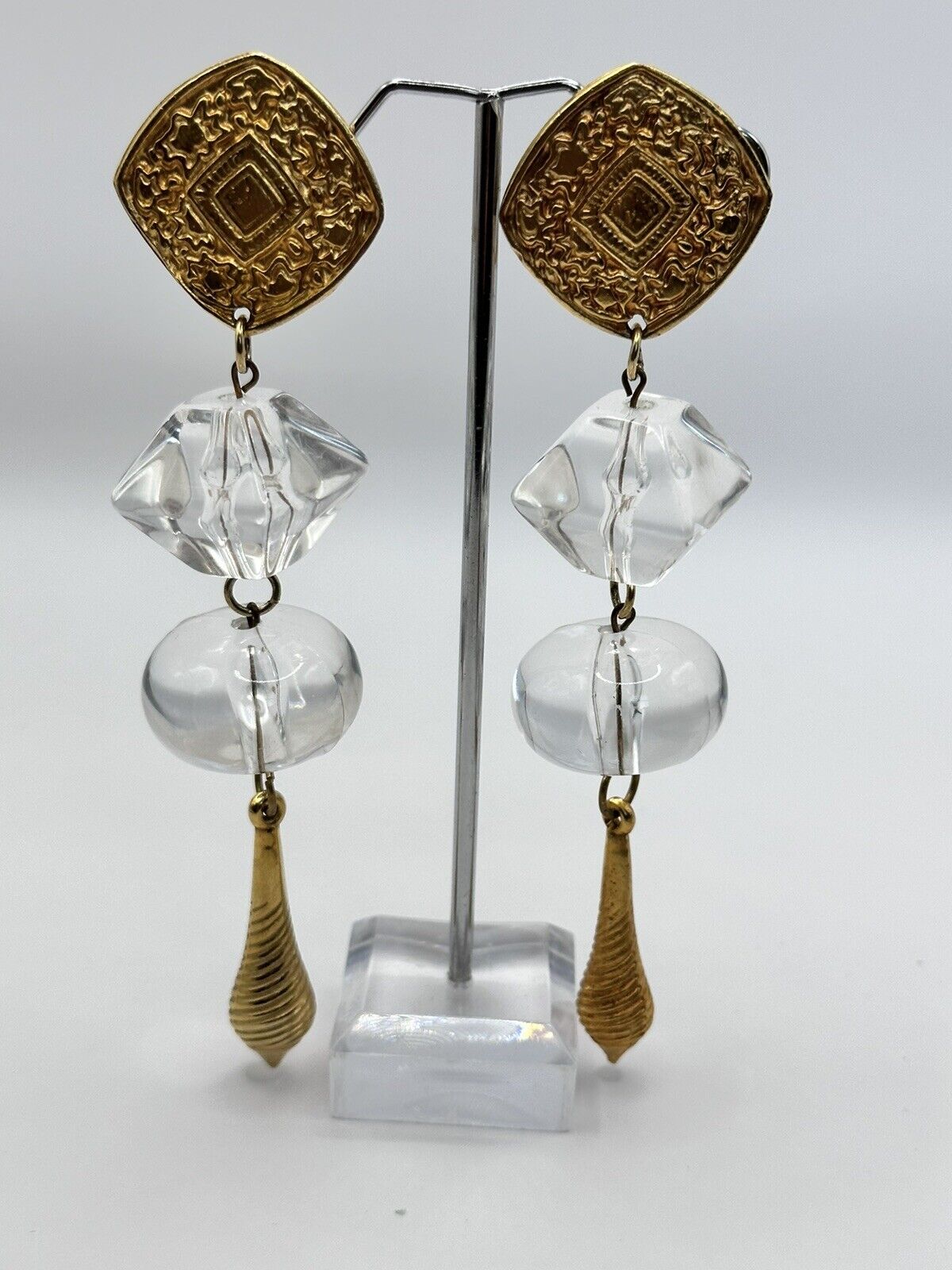 Vintage 1980s Gold Tone Acrylic Long Drop Statement Clip On Earrings