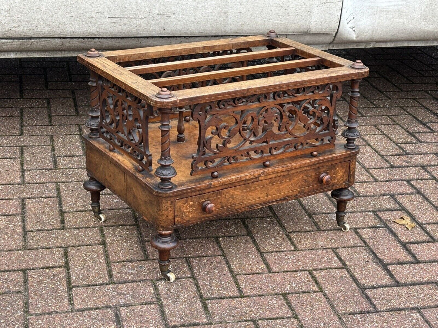Victorian Walnut Canterbury Magazine Rack With Drawer, White Castors
