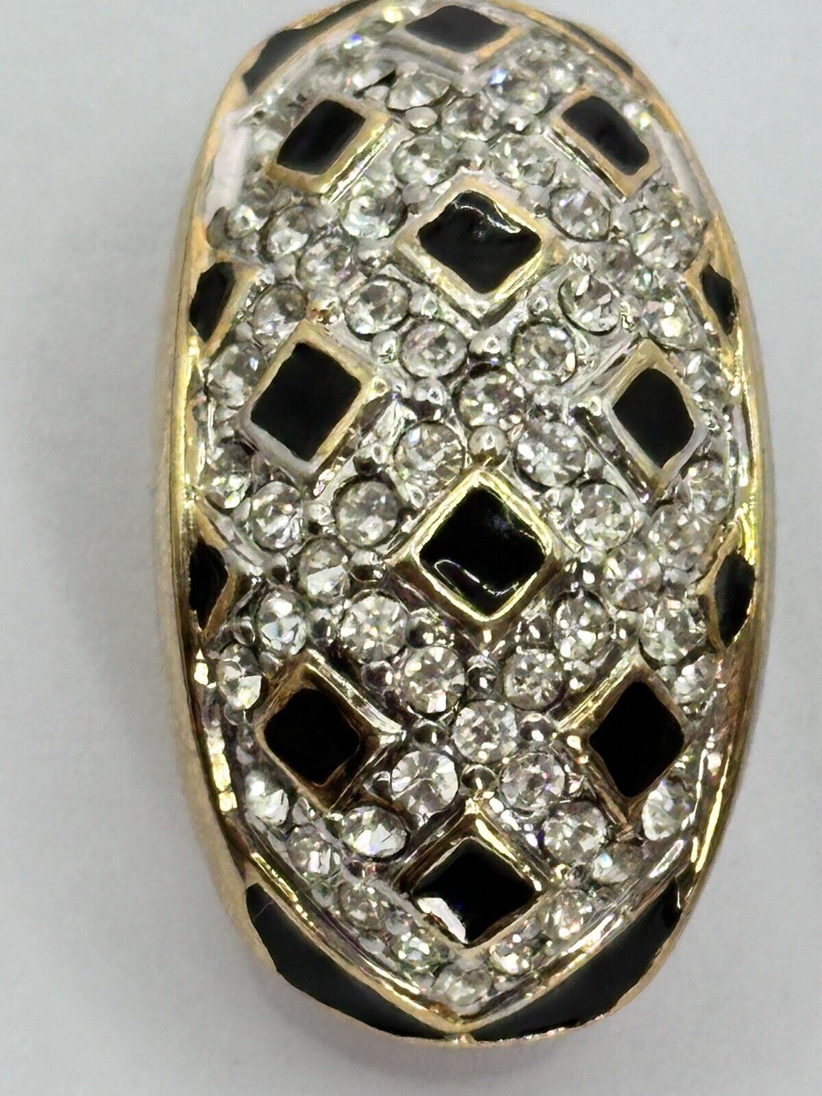 Vintage Gold Plated Black Enamel Diamanté Clip On Earrings
