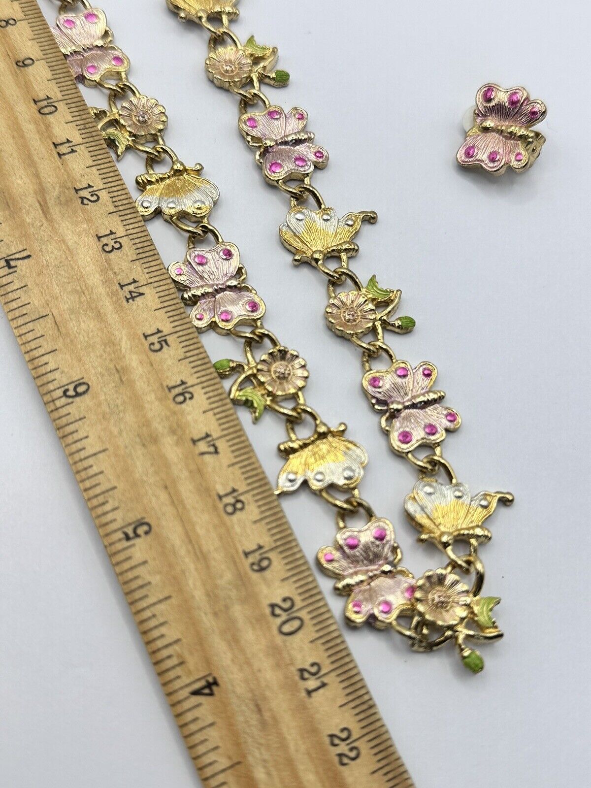 Vintage Gold Tone Pink Enamel Butterfly Flowers Necklace And Clip On Earring Set