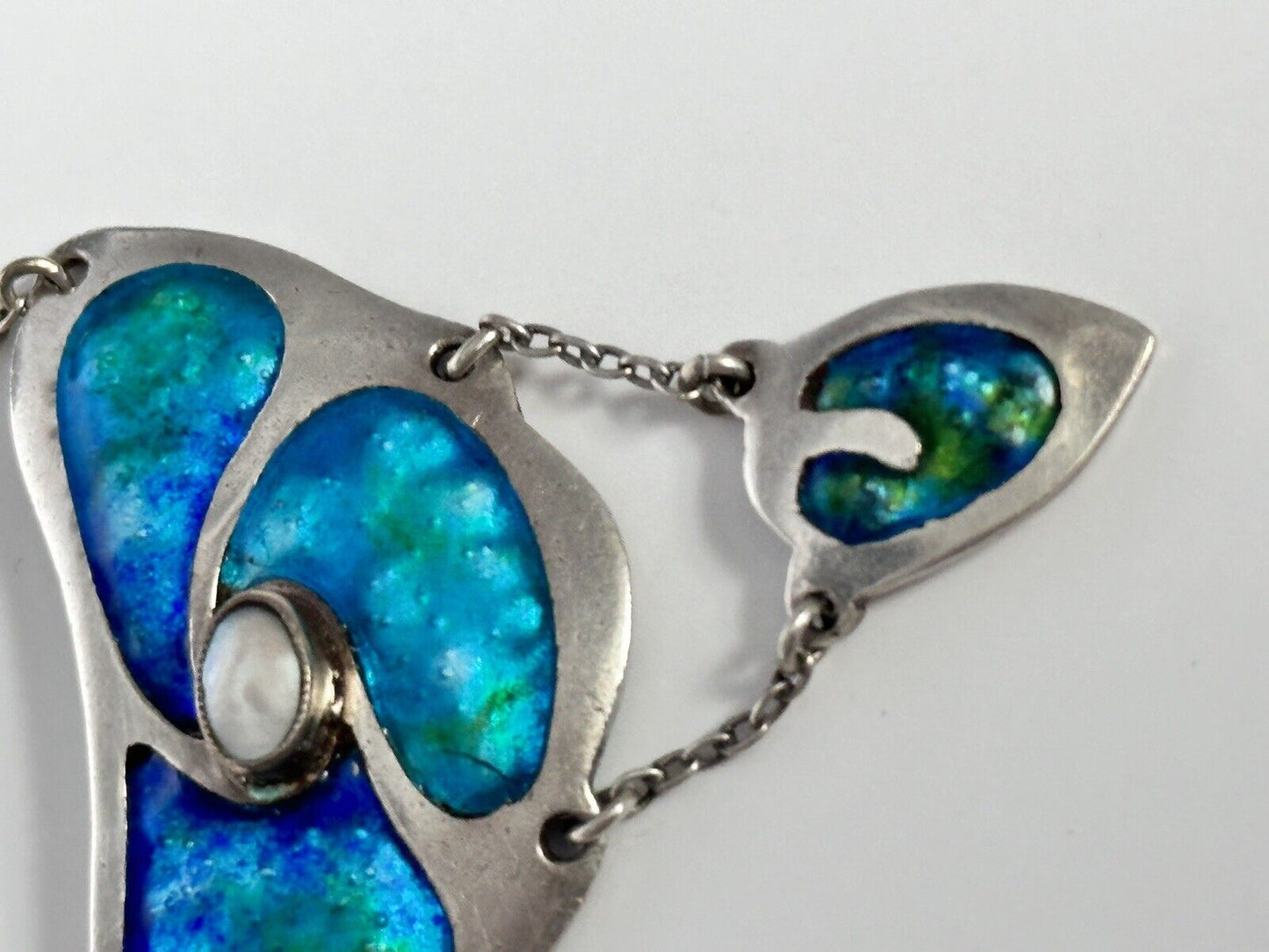 Arts & Crafts Sterling Silver Blue Green Enamel Pearl Lavaliere Necklace