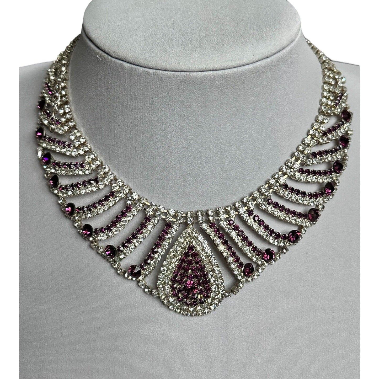 Vintage Silver Tone Clear Purple Diamantés Teardrop Statement Necklace