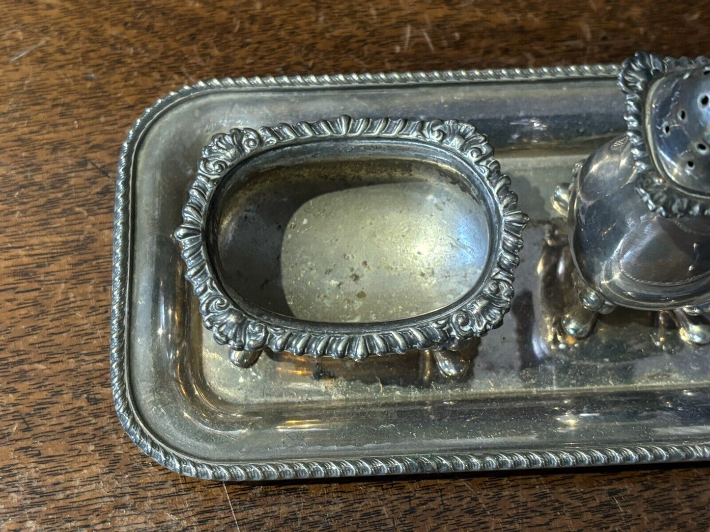 Silver Plate Salt & Pepper And Sauce Set On Tray