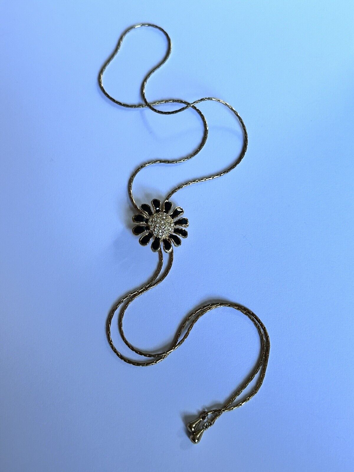 Vintage Gold Tone Adjustable Black Enamel Diamanté Flower Necklace