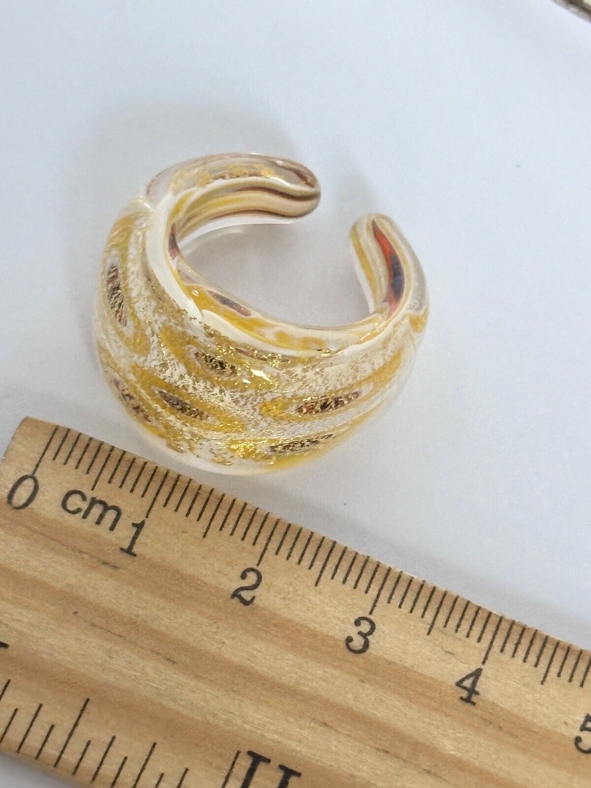 Vintage Gold Murano Glass Pendant On Sterling Silver Chain Matching Ring Set