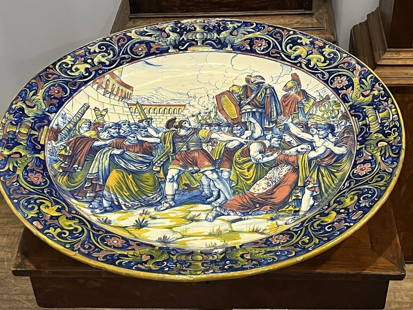Majolica Roman Centurion Decorated Early 19th Century Huge Wall Chargers