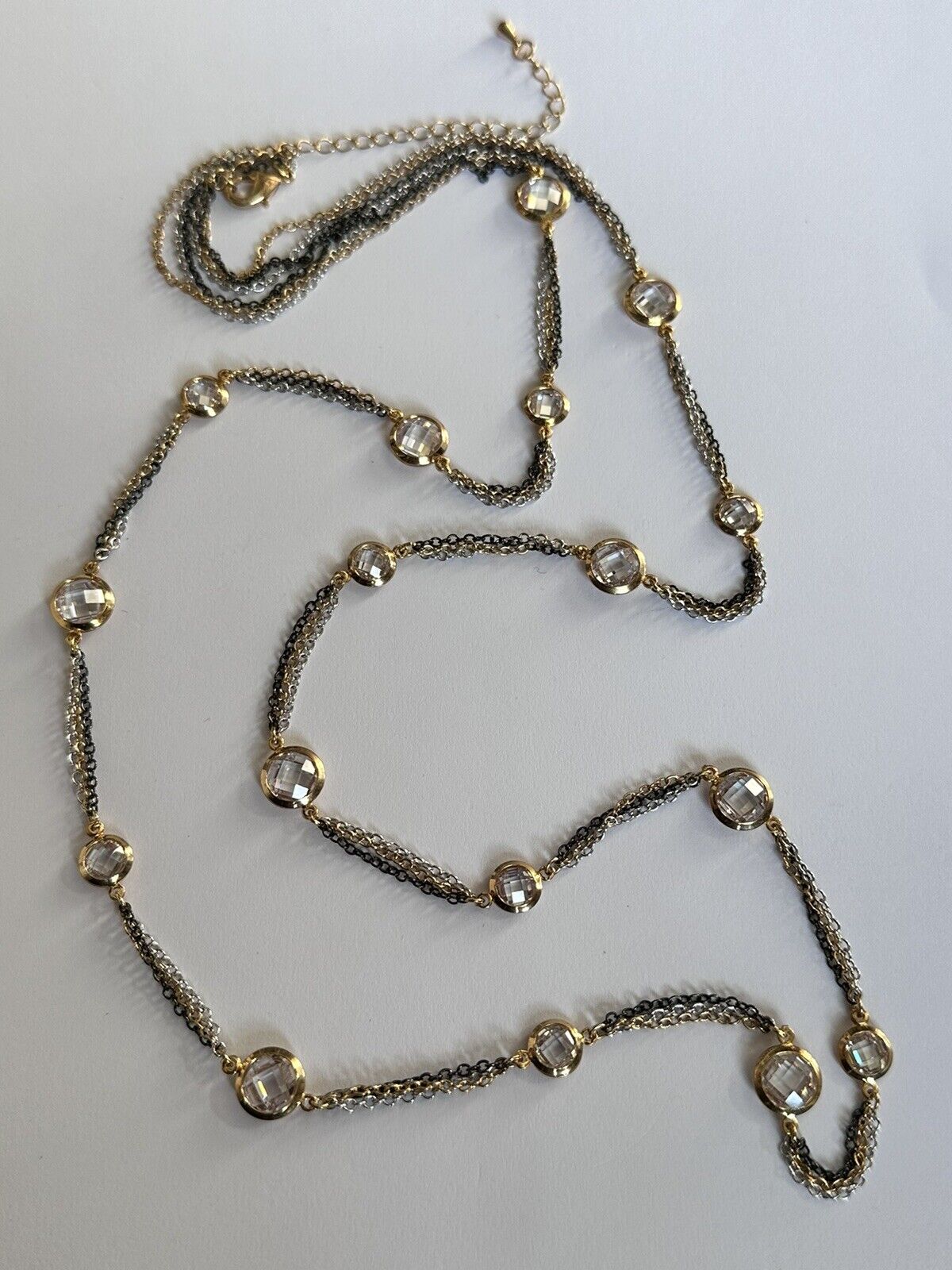 Vintage 3 Tone Metal Chain Crystal Necklace Long Length