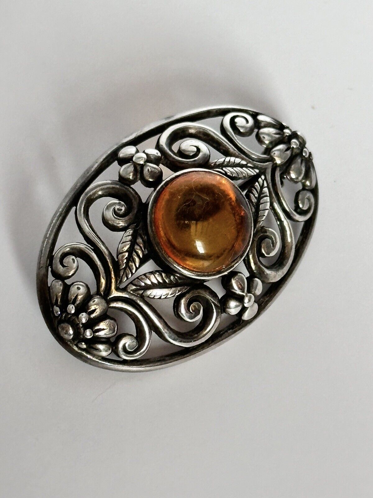 Vintage Silver 925 Baltic Amber Brooch