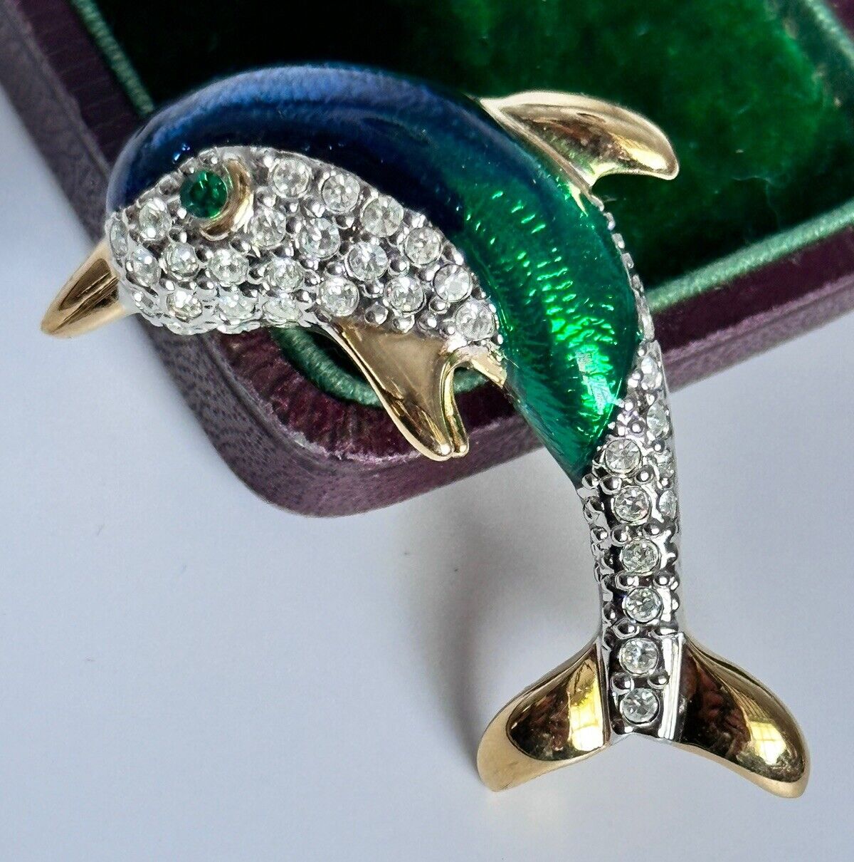 Vintage Gold Plated Blue Green Enamel Diamanté Dolphin Brooch