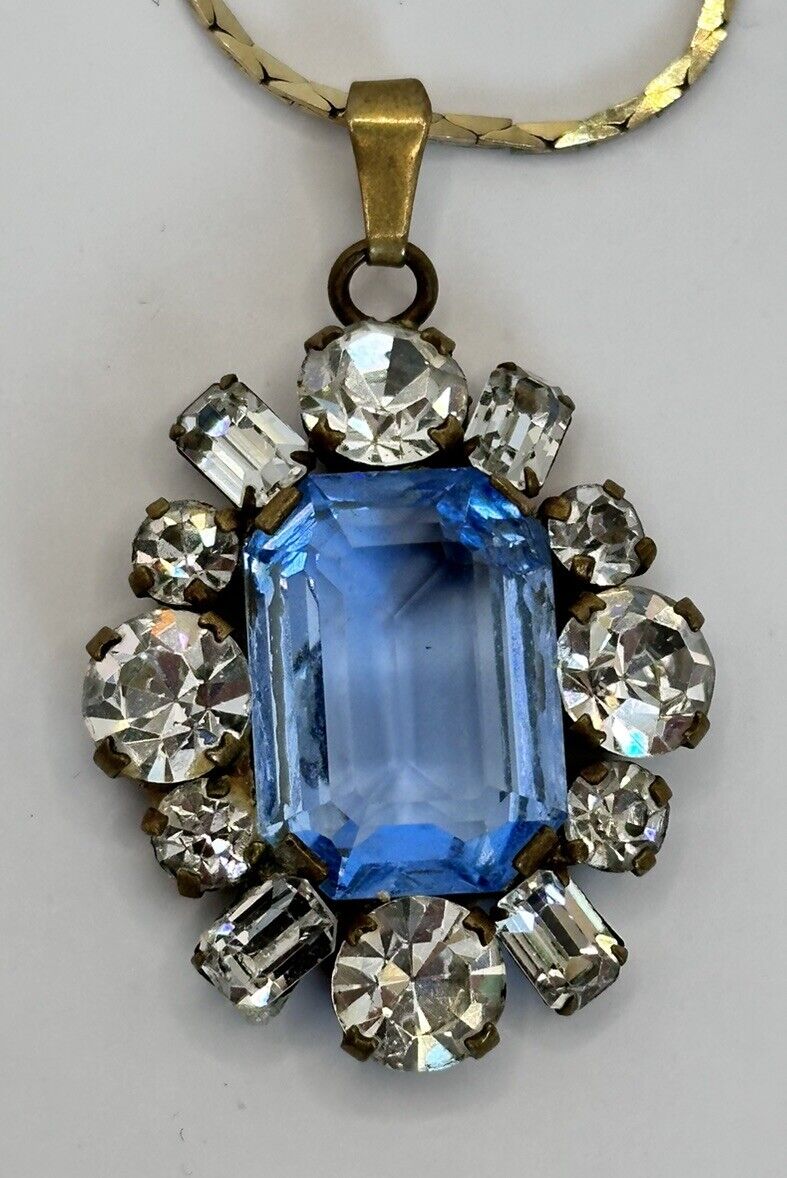 Vintage Blue Clear Paste Necklace Gold Plated Chain
