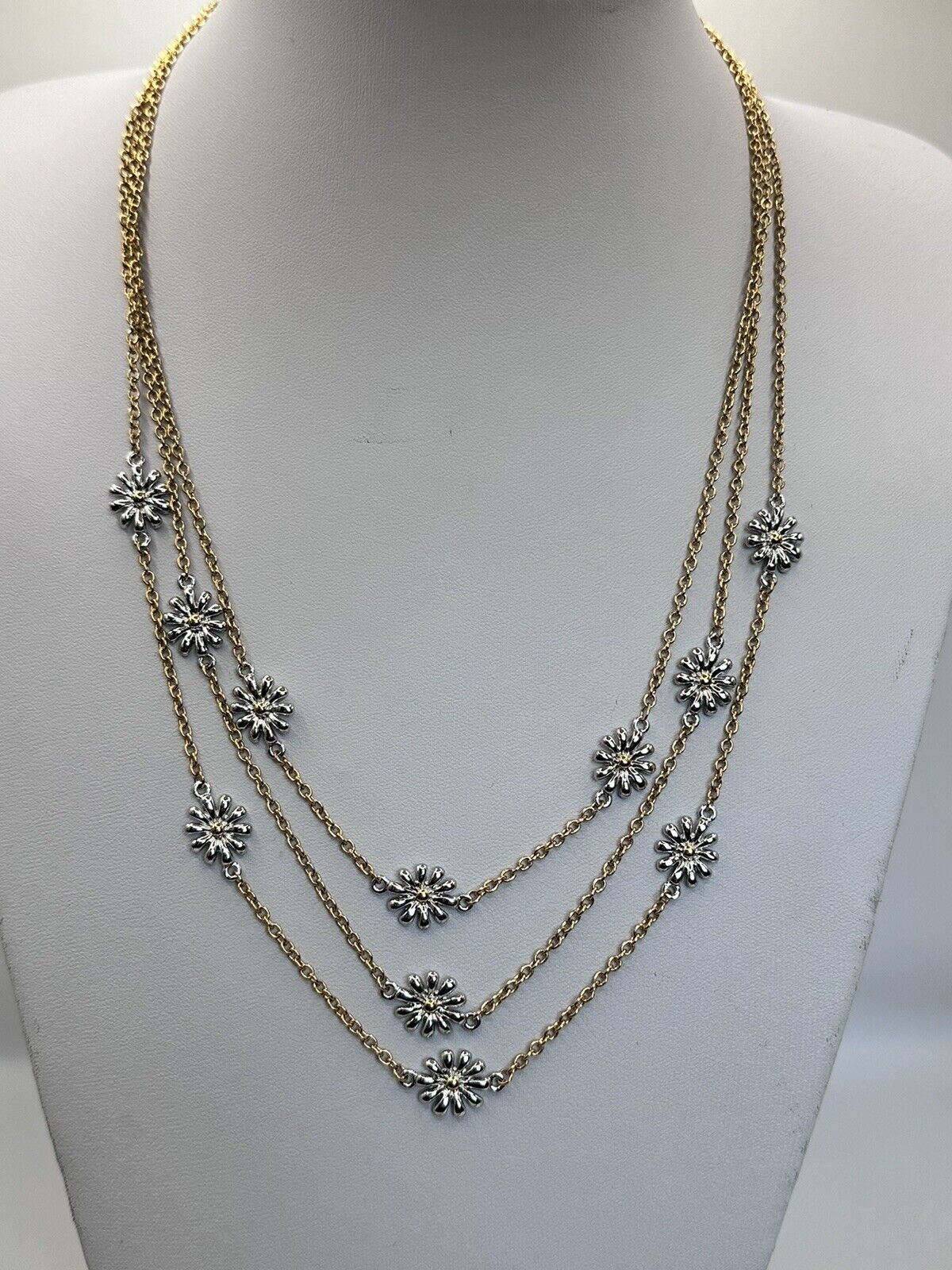 Vintage Gold And Rhodium Plated Daisy Flower Multi Strand Necklace