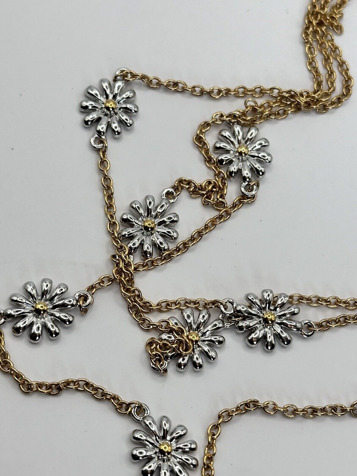Vintage Gold And Rhodium Plated Daisy Flower Multi Strand Necklace