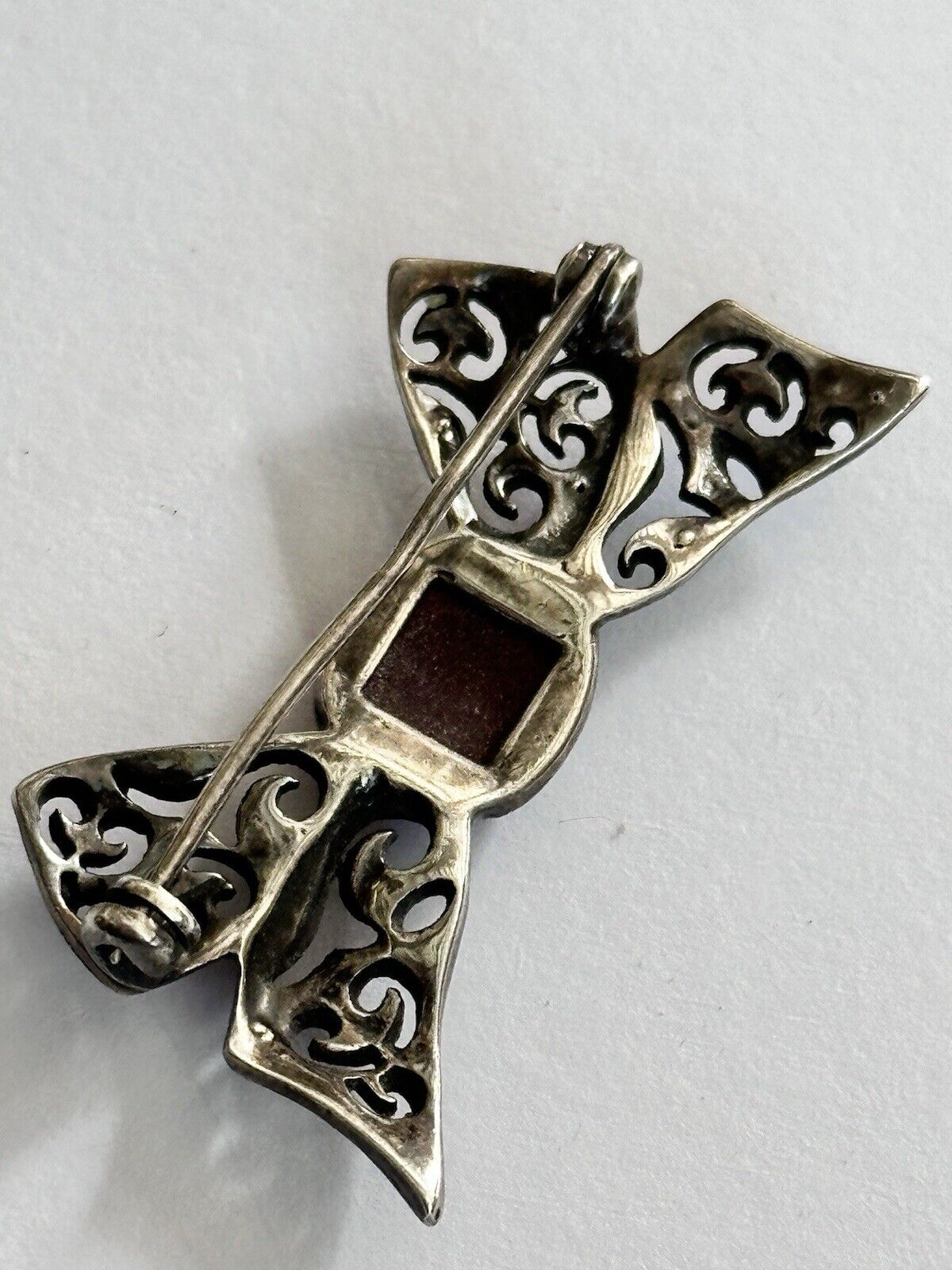 Vintage Antique Silver Marcasite Carnelian Bow Brooch