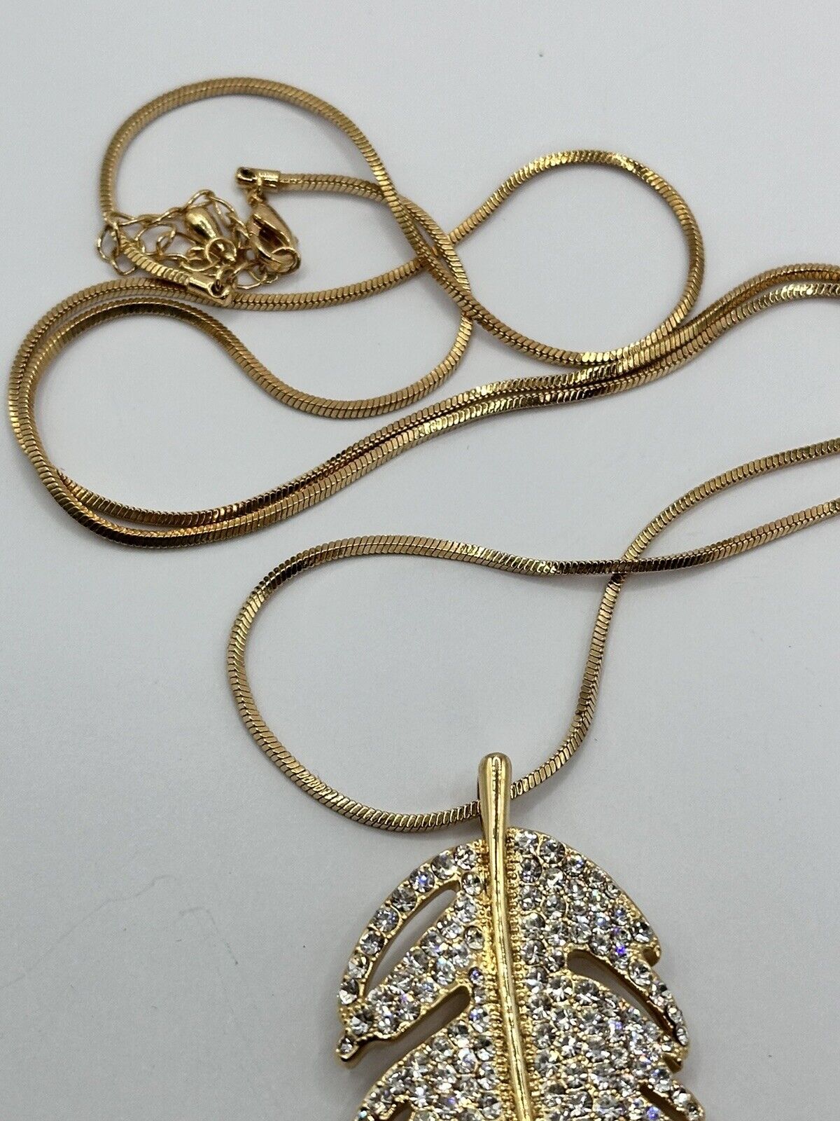 Vintage Gold Tone Diamanté Feather Pendant Necklace