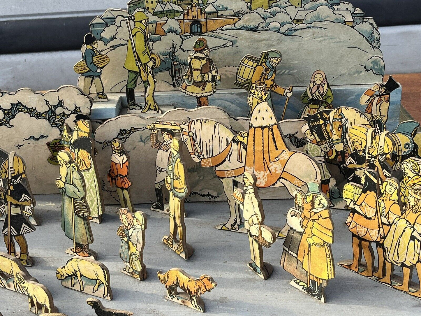 1950's Nativity Set, Wood With Printed Decoration. HUGE IN SIZE.